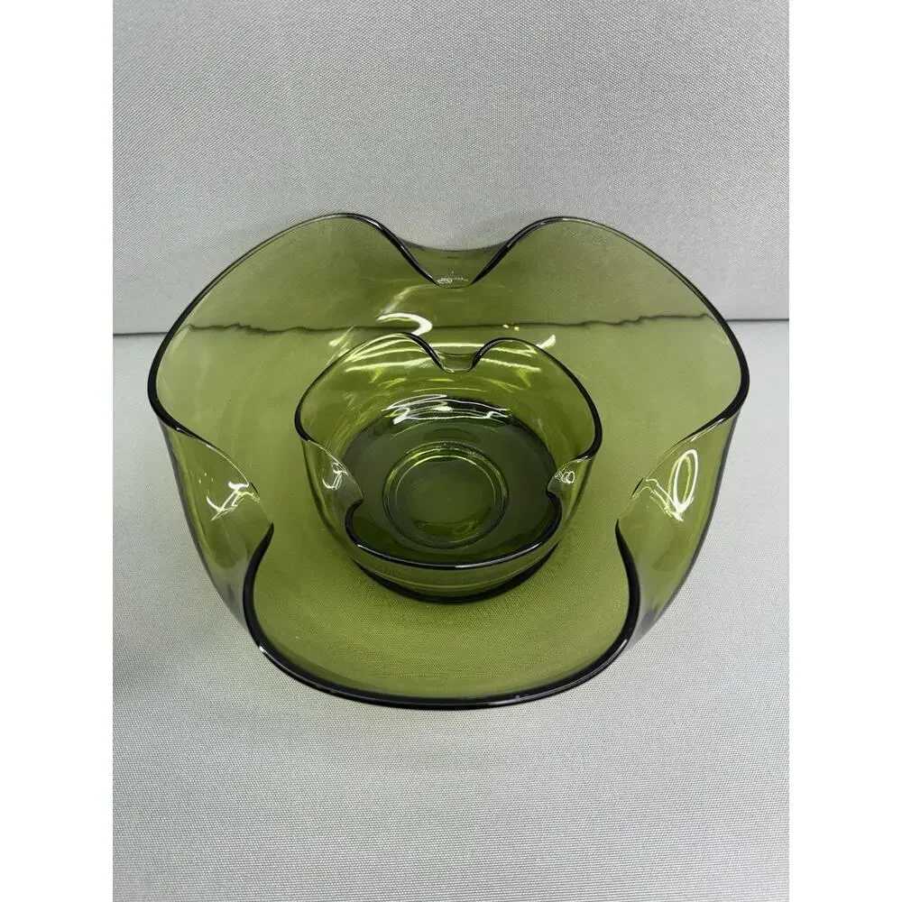 Vintage Avocado Green Chip Dip Set Olive Green MCM Retro 70s Glass Bowl